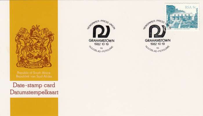 RSA DATE-STAMP CARD 1982: NEWSPAPER PRESS UNION GRAHAMSTOWN