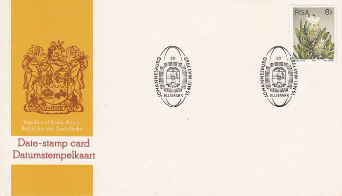 RSA DATE-STAMP CARD 1982: ELISPARK RUGBY STADIUM JOHANNESBERG