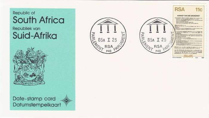 RSA DATE-STAMP CARD 1985: PARLIAMENT CAPE TOWN