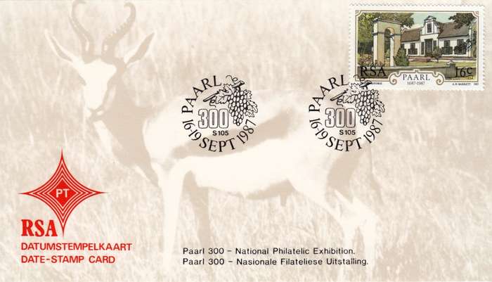 RSA DATE-STAMP CARD 1987: PAARL 300 PHILATELIC EXHIBITION