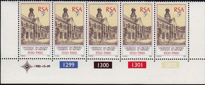 RSA 1980 UNIVERSITY OF PRETORIA CONTROL STRIP OF 5 MNH (SACC 484)