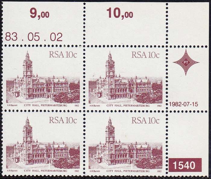 RSA 1982 4th DEFINITIVE ISSUE 10c CONTROL BLOCK OF 4 PLATE NO 1540 MNH (SACC 524b)