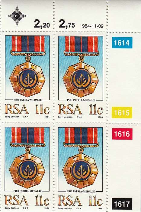 RSA 1984: MILITARY DECORATIONS 11c CONTROL BLOCK OF 4 MNH (SACC 577)