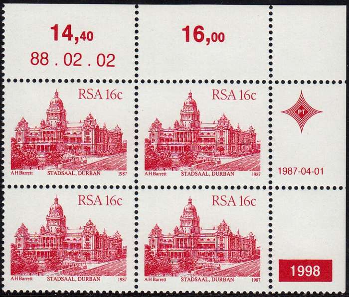 RSA 1988 FOURTH DEFINITIVE ISUE 16c CONTROL BLOCK NO. 1998 MNH (SACC 624)