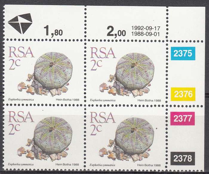 RSA 1992: 5th DEFINITIVE ISSUE SUCCULENTS 2c CONTROL BLOCK OF 4 (17-9-1992) MNH (SACC 669)