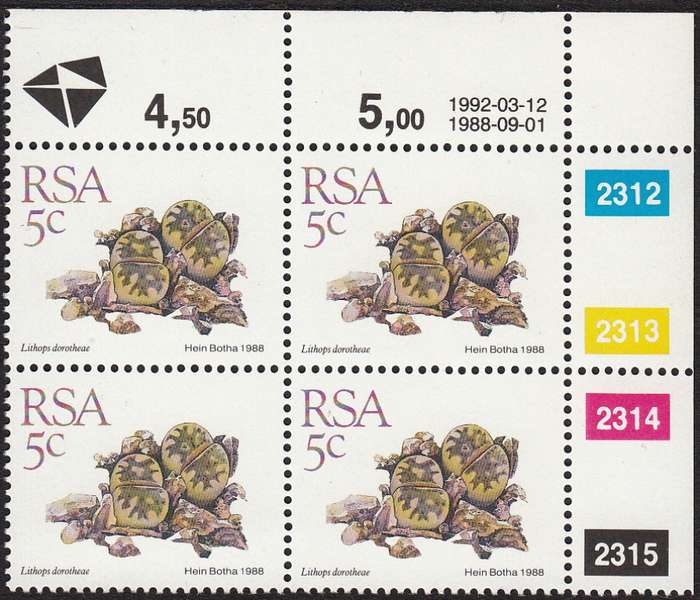 RSA 1992: 5th DEFINITIVE ISSUE SUCCULENTS 5C CONTROL BLOCK (12-3-1992) MNH (SACC 670)