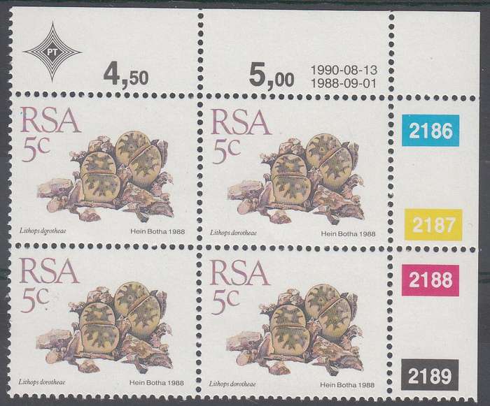 RSA 1992: 5th DEFINITIVE ISSUE SUCCULENTS 5C CONTROL BLOCK (13-8-1990) MNH (SACC 670)