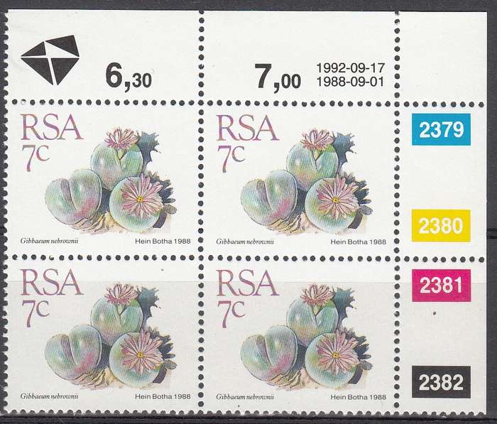 RSA 1992: 5th DEFINITIVE ISSUE SUCCULENTS 7c CONTROL BLOCK (17.9.1992) MNH (SACC 671)