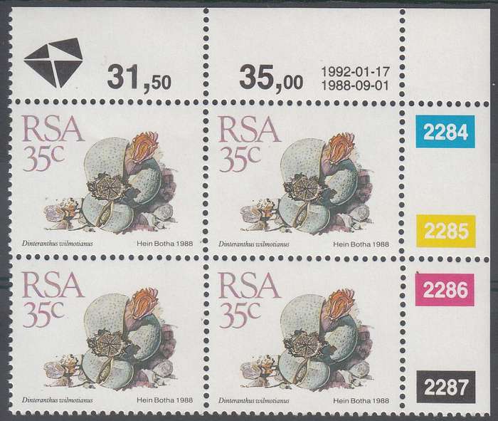 RSA 1992: 5th DEFINITIVE ISSUE SUCCULENTS 35c CONTROL BLOCK (17-1-92) MNH (SACC 677)