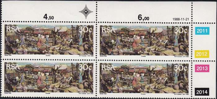 RSA 1988: 150th ANNIVERSARY OF THE GREAT TREK FULL SET CONTROL BLOCKS MNH (SACC 687-690)