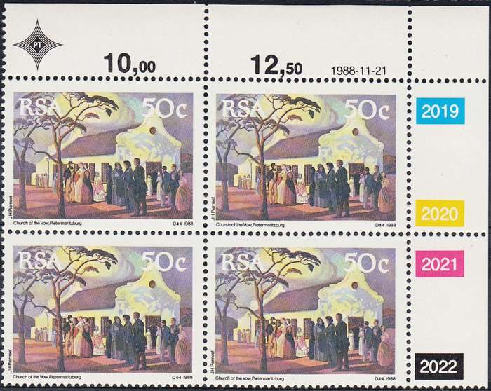 RSA 1988: 150th ANNIVERSARY OF THE GREAT TREK FULL SET CONTROL BLOCKS MNH (SACC 687-690)
