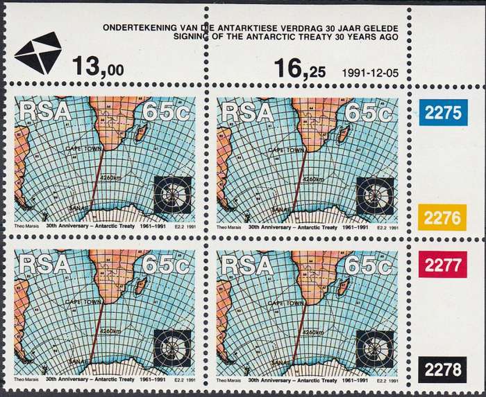 RSA 1991: 30th ANNIVERSARY OF ANTARTIC TREATY SET CONTROL BLOCK OF 10MNH (SACC 757-8)