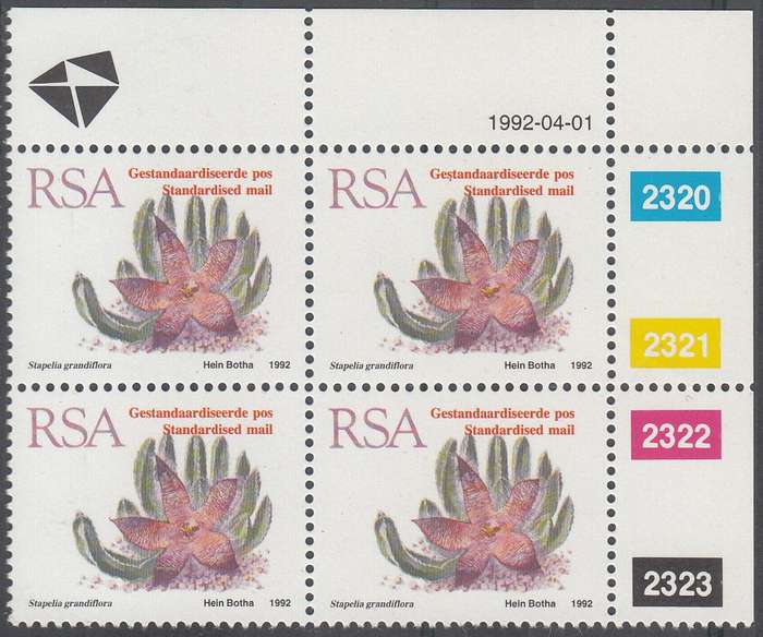 RSA 1992: 5th DEFINITIVE ISSUE SUCCULENTS STANDARD MAIL CONTROL BLOCK (1-04-1992) MNH (SACC 796)