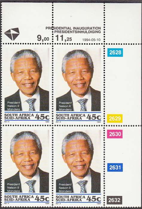 RSA 1994: PRESIDENTIAL INAUGURATION 45c CONTROL BLOCK OF 4 MNH (SACC 862)