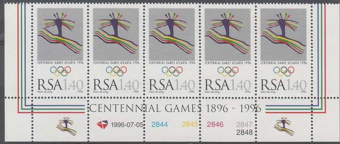 RSA 1996: OLYMPIC GAMES ATLANTA CONTROL STRIP OF 5 MNH (SACC 960)