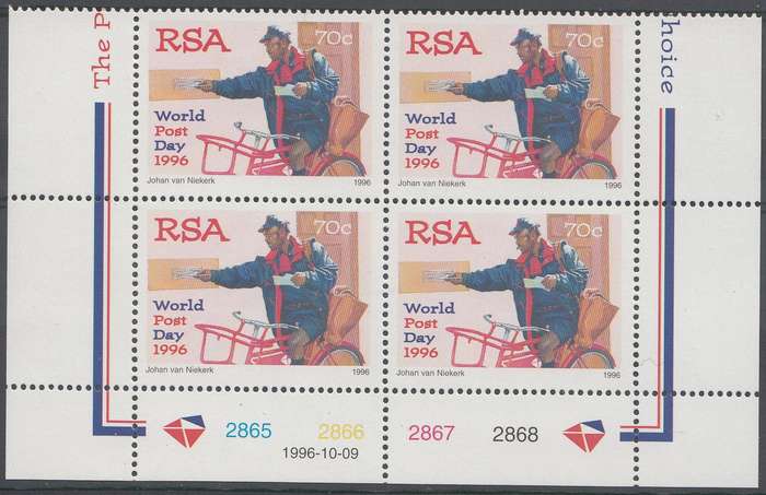 RSA 1996 WORLD POST DAY CONTROL BLOCK MNH (SACC 980)