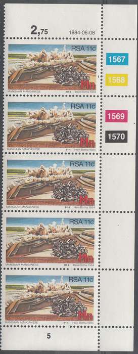 RSA 1984: STRATEGIC MINIRALS 11c STRIP OF 5 MNH (SACC 563)