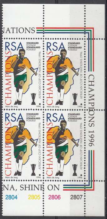 RSA  1996: SOCCER AFRICAN CUP OF NATIONS CONTROL BLOCK OF 4 MNH (SACC 939)