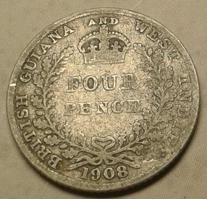 Scarce 1908 British Guiana & West Indies silver four pence (mintage: 30000)