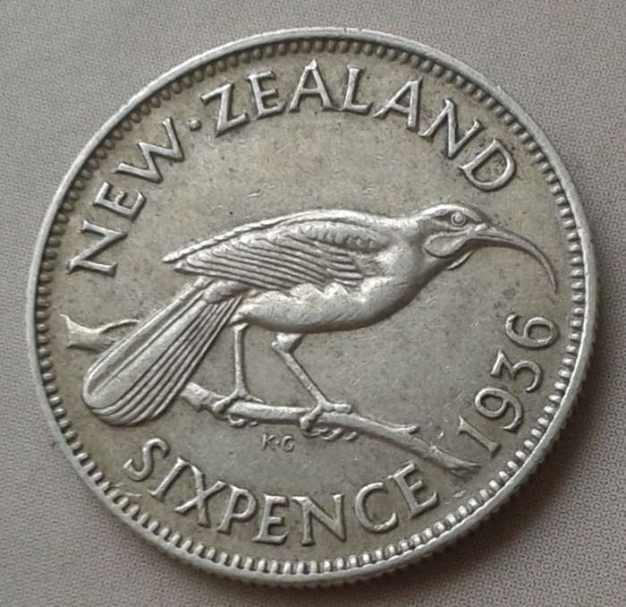 1936 New Zealand silver sixpence in XF