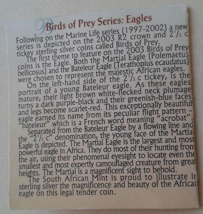 Nice 2003 Eagles proof silver 2 1/2c in S.A Mint bag incl.certificate