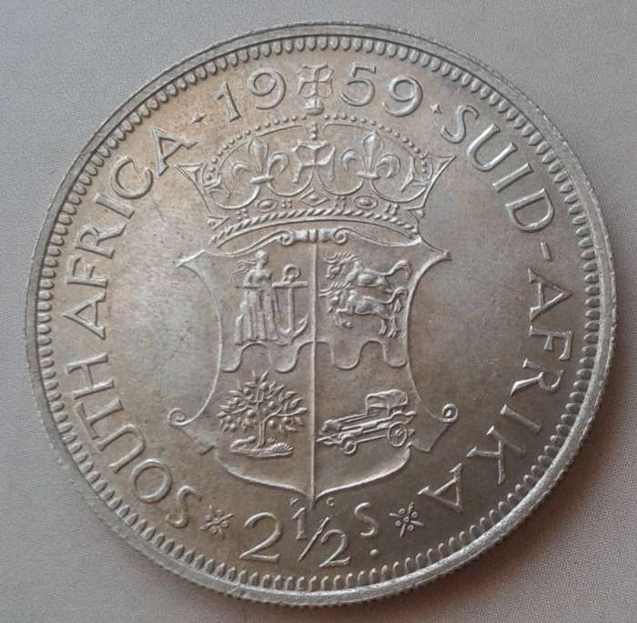 Scarce 1959 union uncirculated silver 2 1/2 Shillings with obverse die cracks