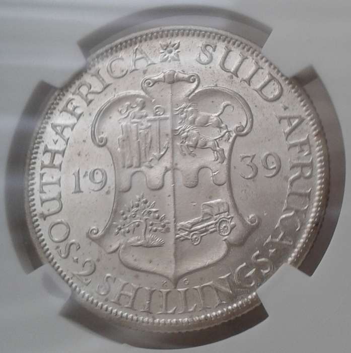 High grade 1939 union silver 2 Shillings SANGS AU58