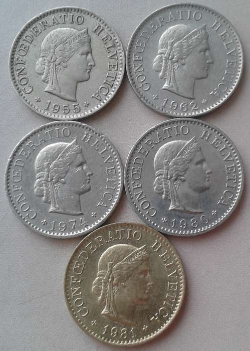 1955/1962/1974/1980/1981 Switzerland 5 Rappen set