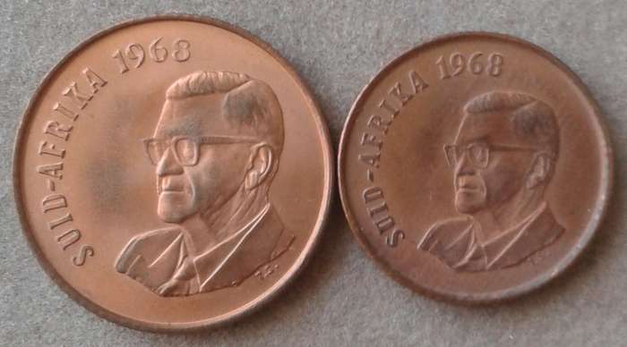 1968 Afrikaans uncirculated 2c and 1c.