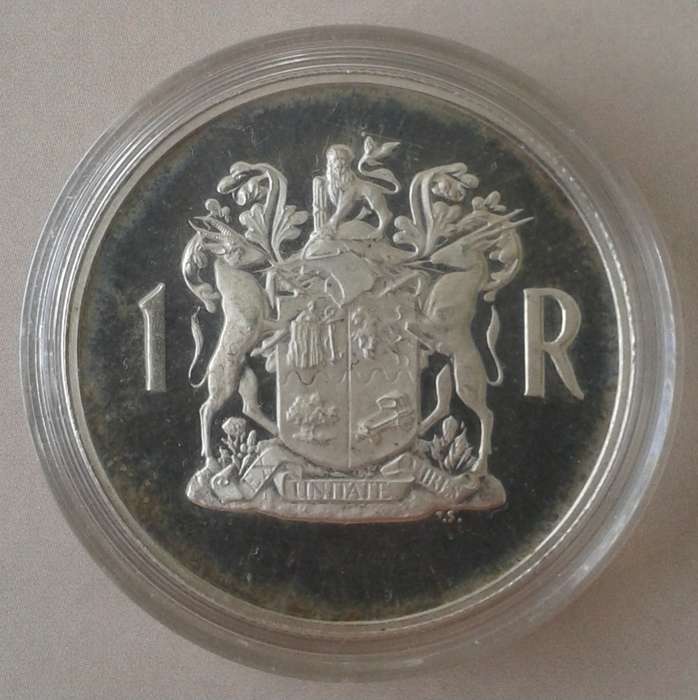 Encapsulated 1969 Afrikaans proof silver R1 (mintage: 12000)