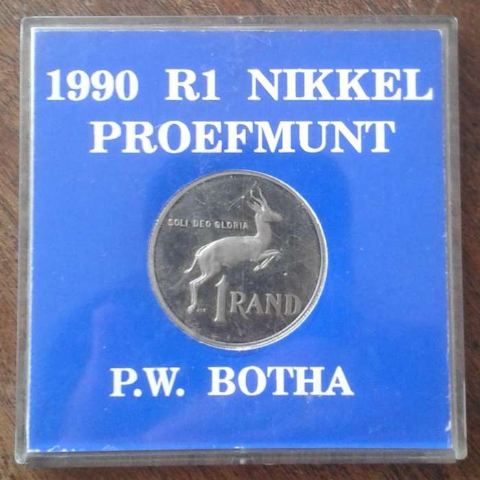 1990 P.W Botha proof nickel R1 coin in case.
