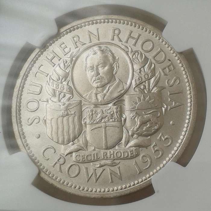 1953 Southern Rhodesia silver crown (Rhodes Centennial) NGC MS63.