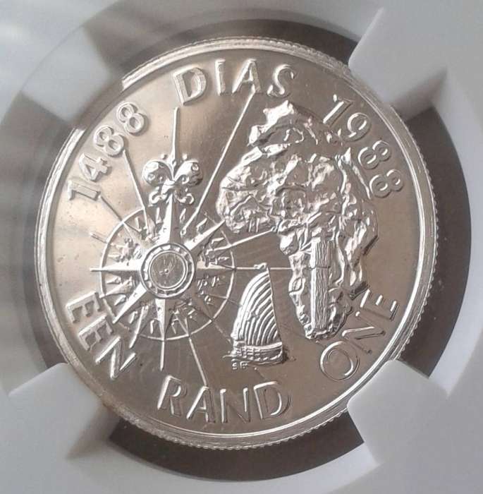 Lustrous 1988 Dias uncirculated silver R1 NGC MS65 (mintage: 7091)
