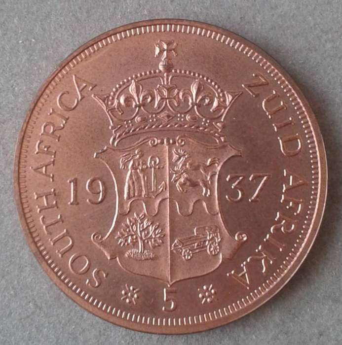 1937 South Africa fantasy proof copper 5 Shillings/Crown