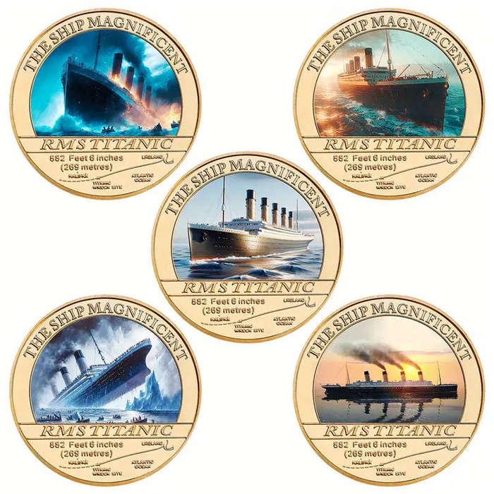 5 Piece Titanic commemorative novelty coin set in velvet bag (40mm)