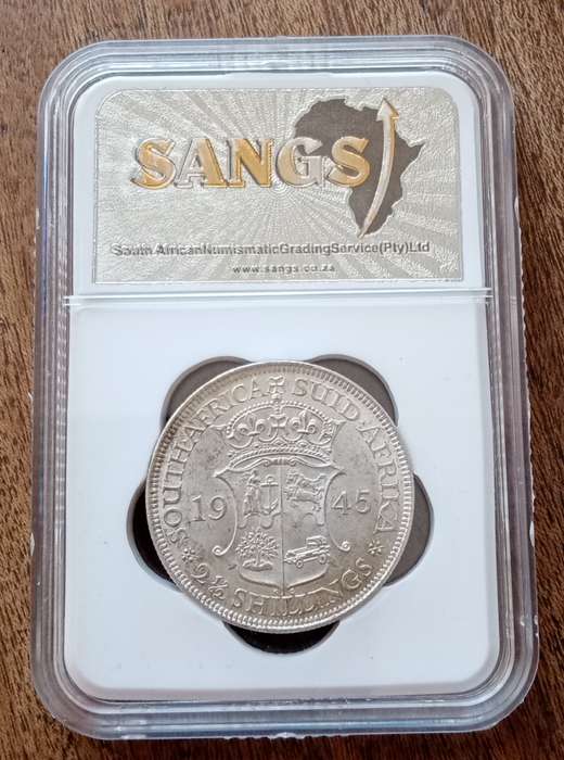 Higher grade 1945 union silver 2 1/2 Shillings SANGS AU55.