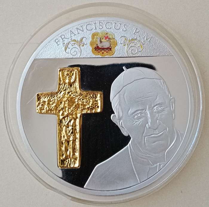 Large 70mm encapsulated Pope Francis silver plated proof medal incl.certificate