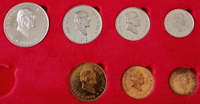 Partial 1976 proof set in red box (50c-1/2c) `Pres.Fouche`.