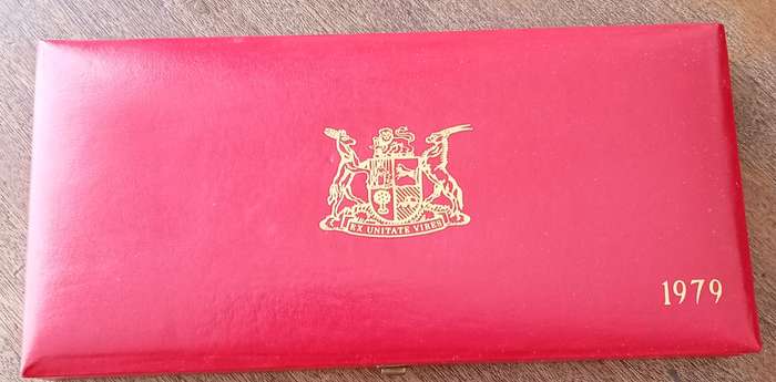 Partial 1979 proof set in red box (50c-1/2c) `Pres.Diederichs`.