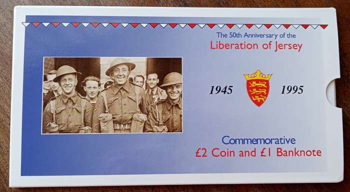 1995 Liberation of Jersey uncirculated £2 coin and £1 note set in wallet