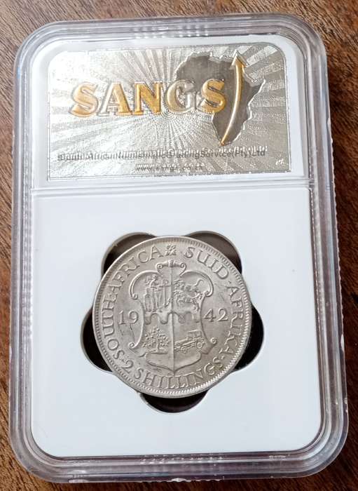 1942 Union silver 2 Shillings with reverse die cracks SANGS AU55