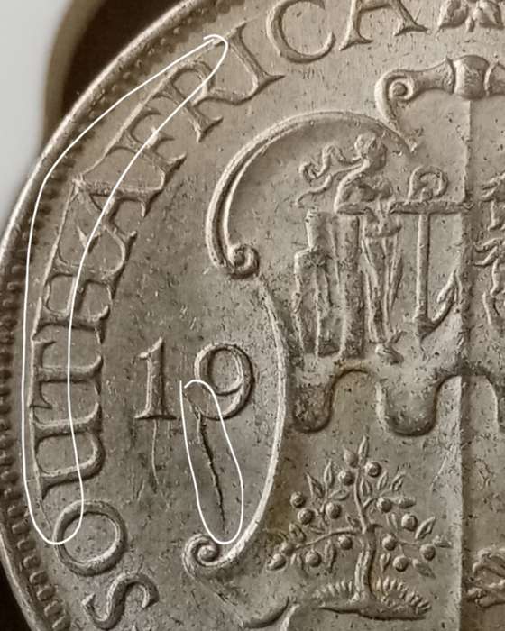 1942 Union silver 2 Shillings with reverse die cracks SANGS AU55