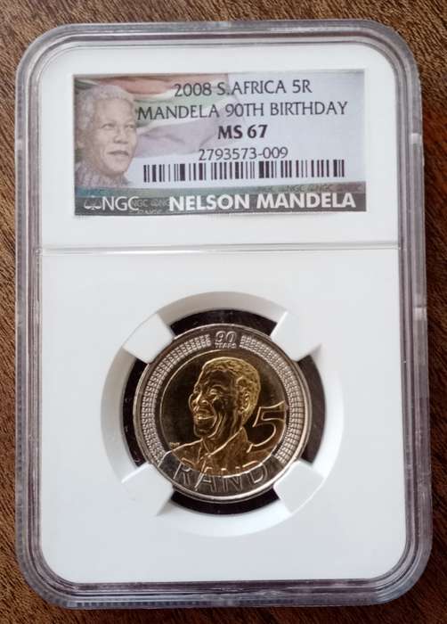 2008 Mandela 90th bday R5 NGC MS67 (Colour Label)