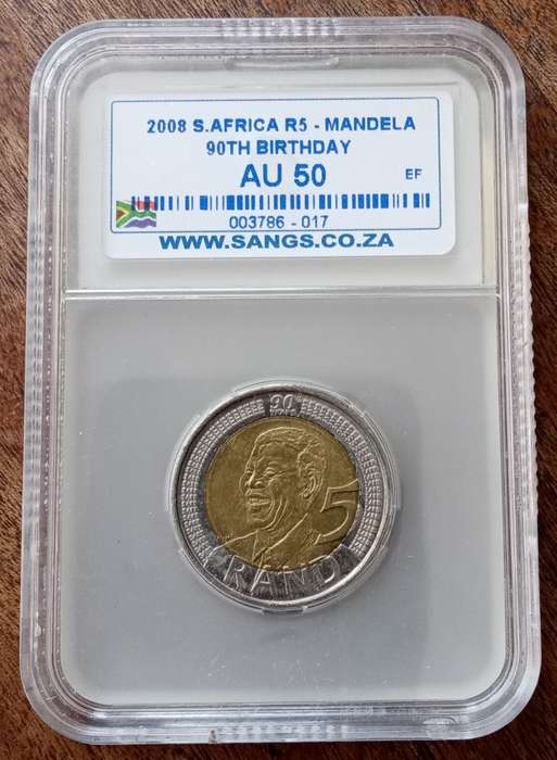 2008 Mandela 90th bday R5 SANGS graded AU50 & AU53
