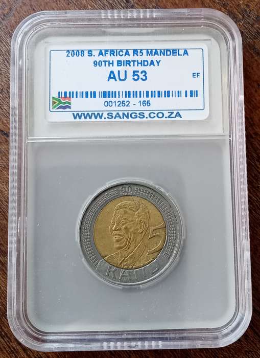 2008 Mandela 90th bday R5 SANGS graded AU50 & AU53
