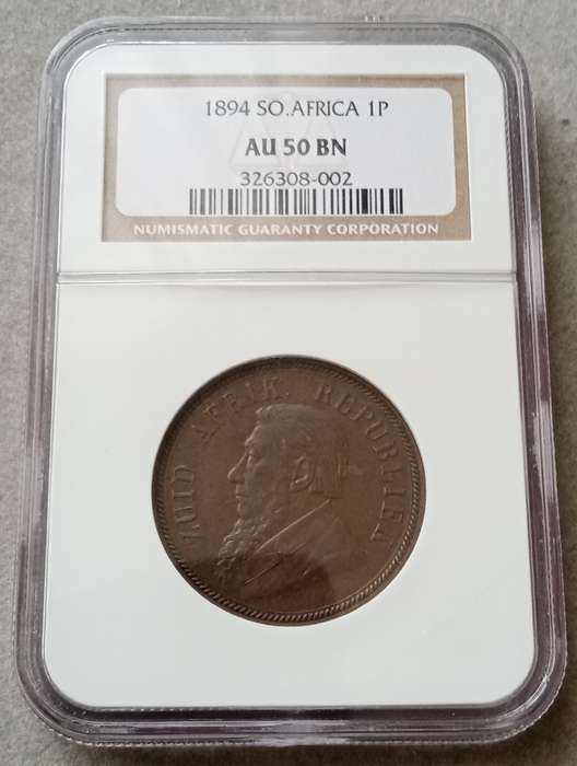 Scarcer 1894 ZAR Kruger penny NGC AU50 BN