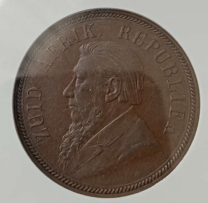 Scarcer 1894 ZAR Kruger penny NGC AU50 BN