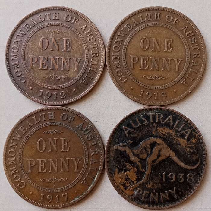 Lot of x4 Australia pennies (1912-1938)