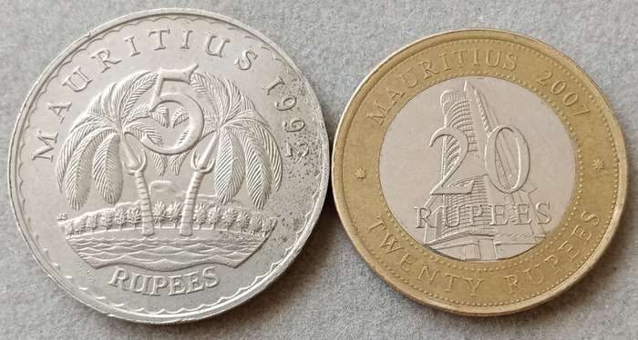 1992 Mauritius 5 Rupees & 2007 20 Rupees