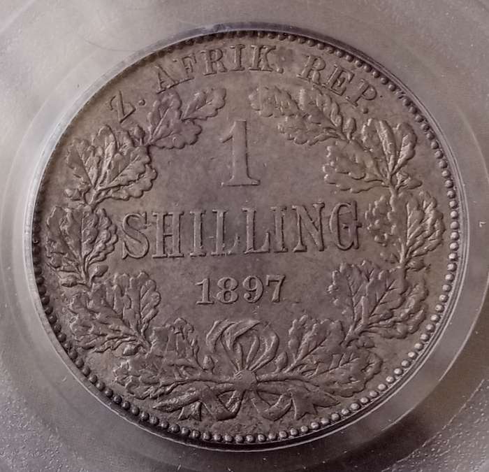 Nice 1897 ZAR Kruger silver shilling PCGS AU55